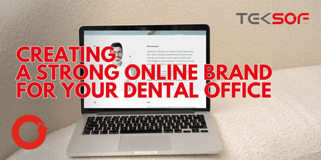 Dental office website and social media profiles displayed on laptop and smartphone screens, showing consistent branding and happy patient images.