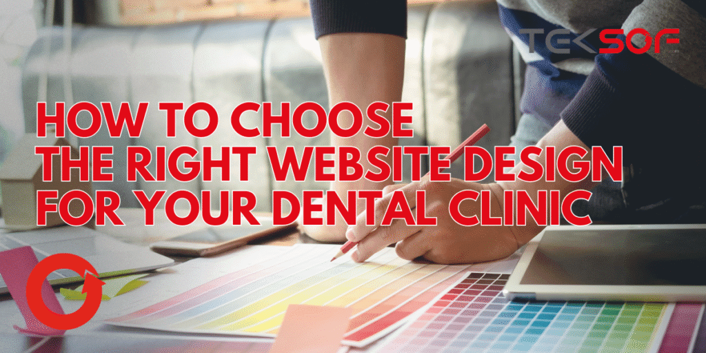 Dentist reviewing dental website design options on a tablet, with layout templates and color palettes on screen.