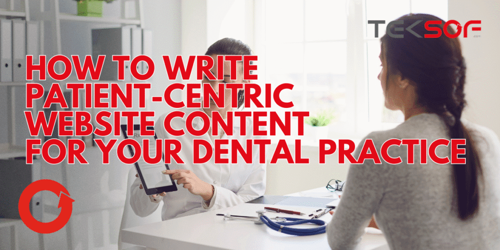 Dentist working with a content strategist on a laptop, reviewing website copy focused on patient care and experience.