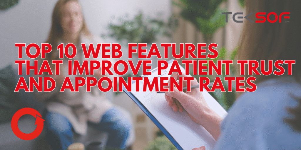 Modern dental website interface showing trust elements like patient reviews, secure booking, team bios, and live chat.
